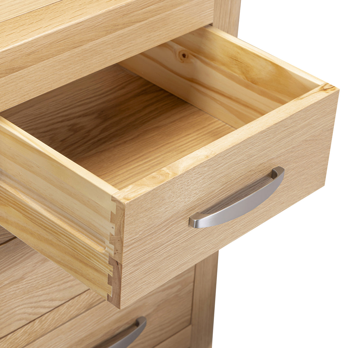 Treviso Oak 3 Drawer Nightstand, dovetailed drawer detail