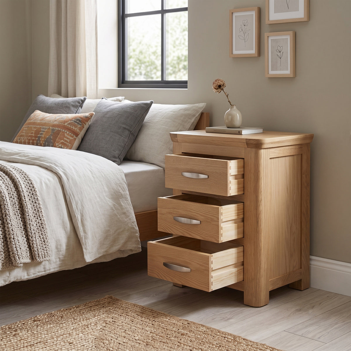 Treviso Oak 3 Drawer Nightstand, bedside room setting with drawers open