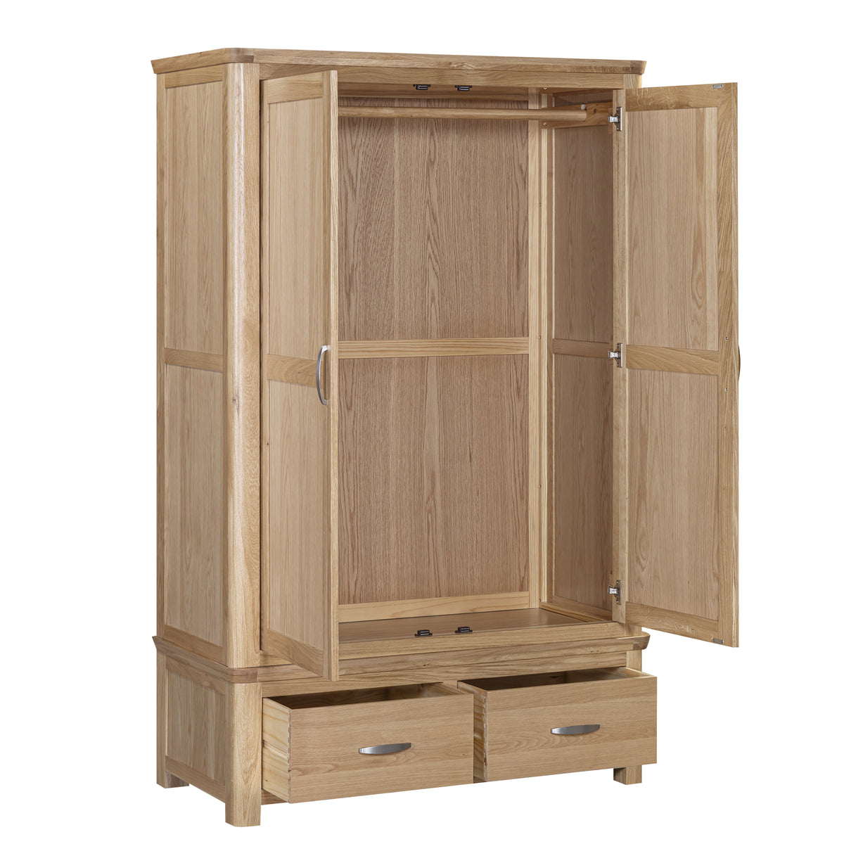 Treviso Oak 2 Door 2 Drawer Wardrobe, hanging compartment and lower drawers open