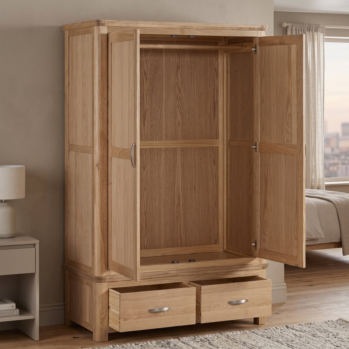 Treviso Oak 2 Door 2 Drawer Wardrobe, bedroom setting with doors and drawers open
