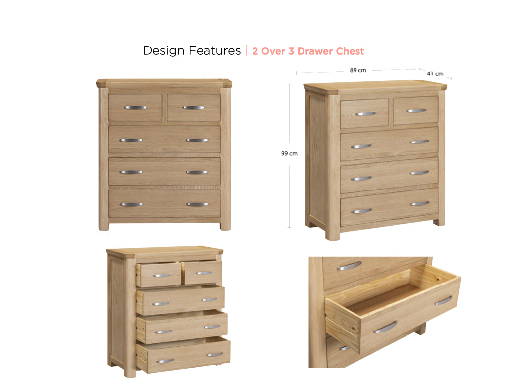 Treviso Oak 2 Over 3 Drawer Chest, design feature overview