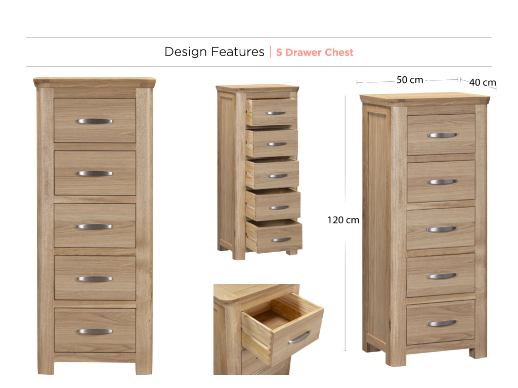 Treviso Oak Tall 5 Drawer Chest, design feature overview
