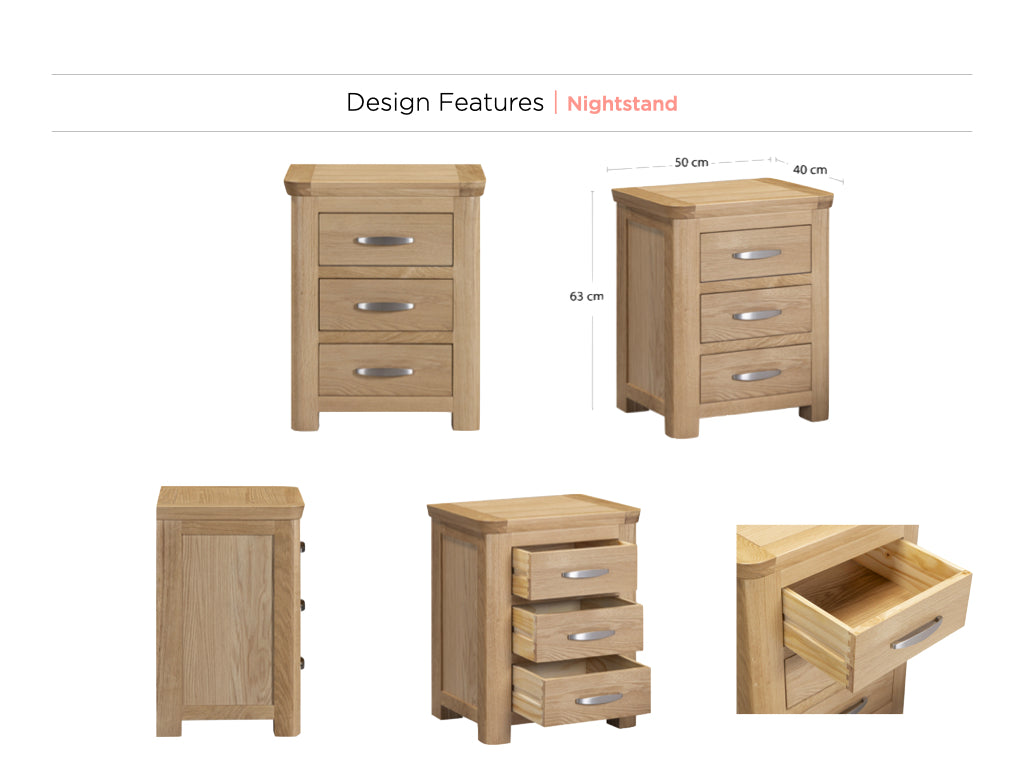 Treviso Oak 3 Drawer Nightstand, design feature overview