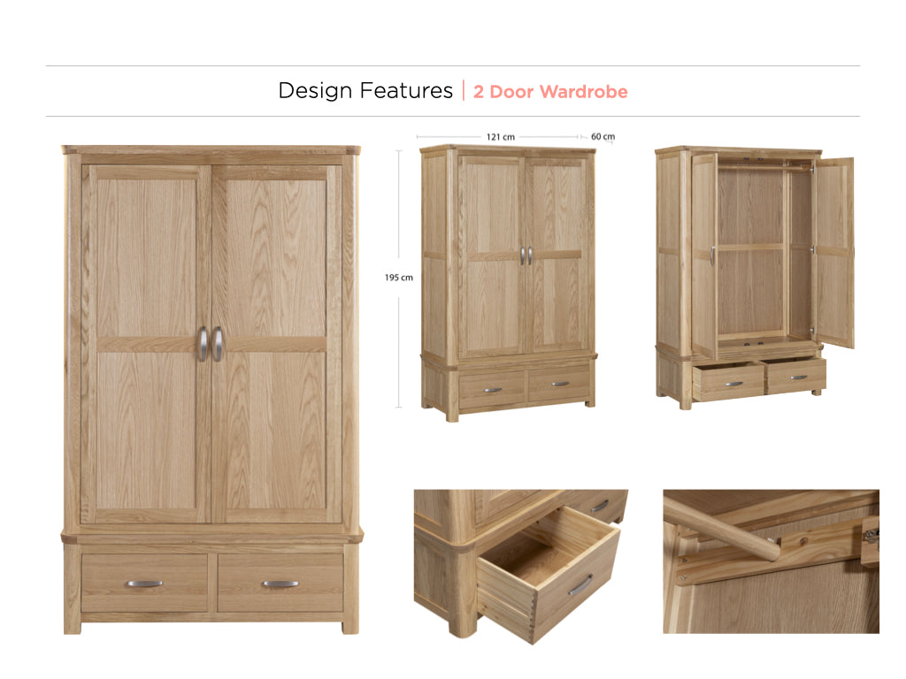 Treviso Oak 2 Door 2 Drawer Wardrobe, design feature overview