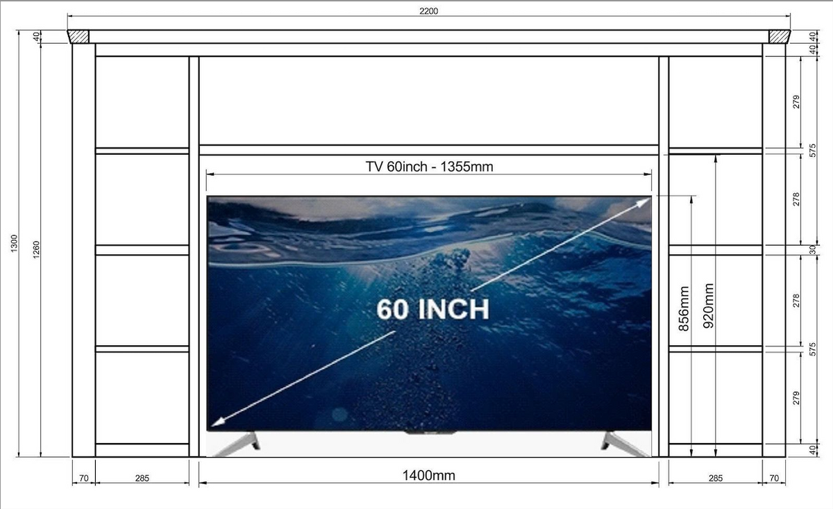 Treviso Oak Media Centre TV opening diagram with 60-inch TV