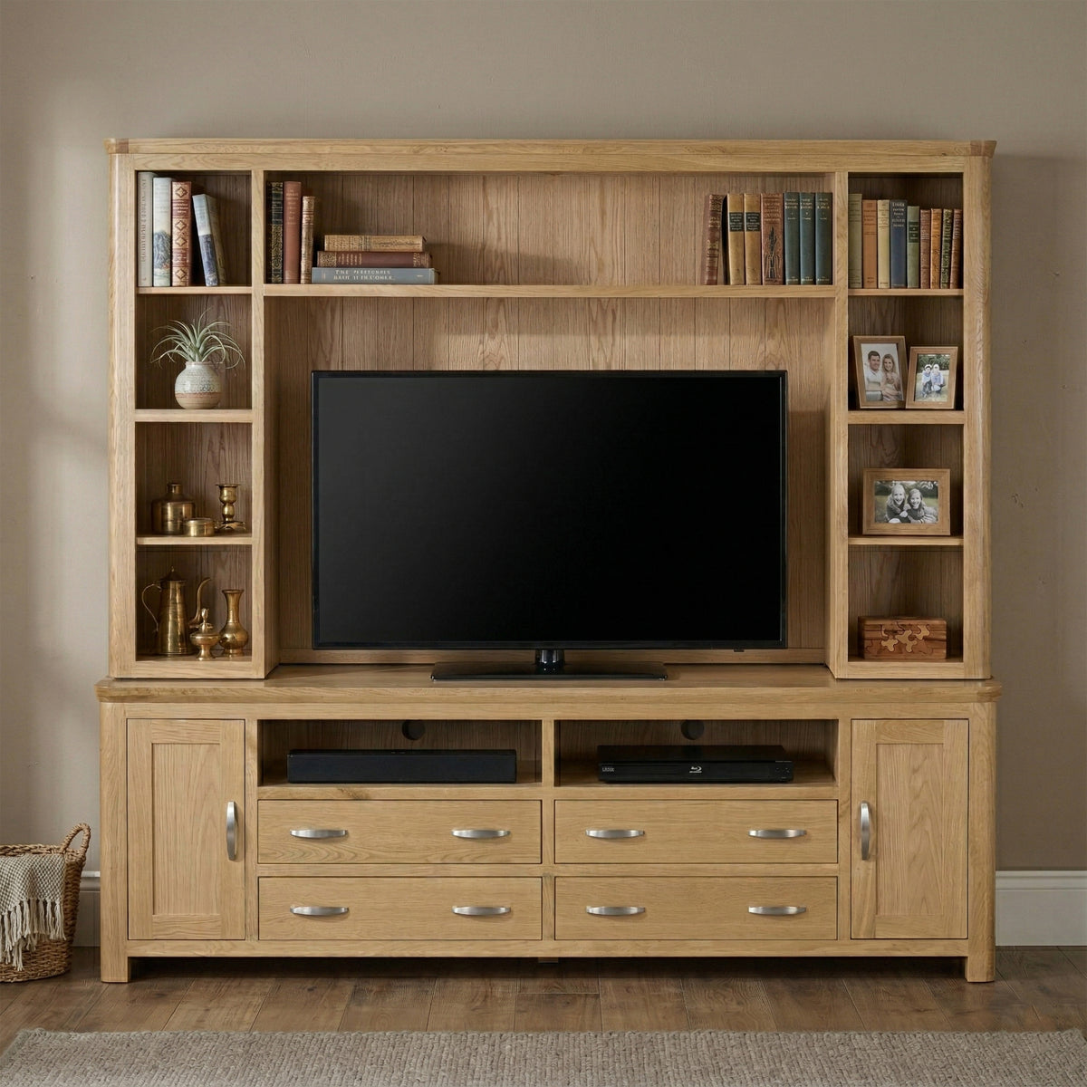 Treviso Oak Media Centre complete base and top in a room setting