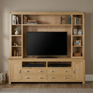 Treviso Oak Media Centre complete base and top in a room setting