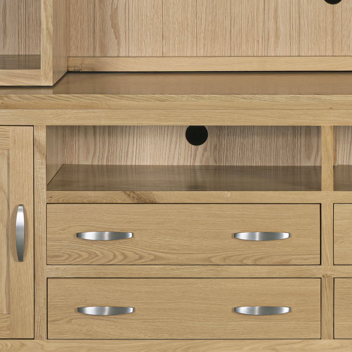 Treviso Oak Media Centre - Base and Top, base unit cable access detail