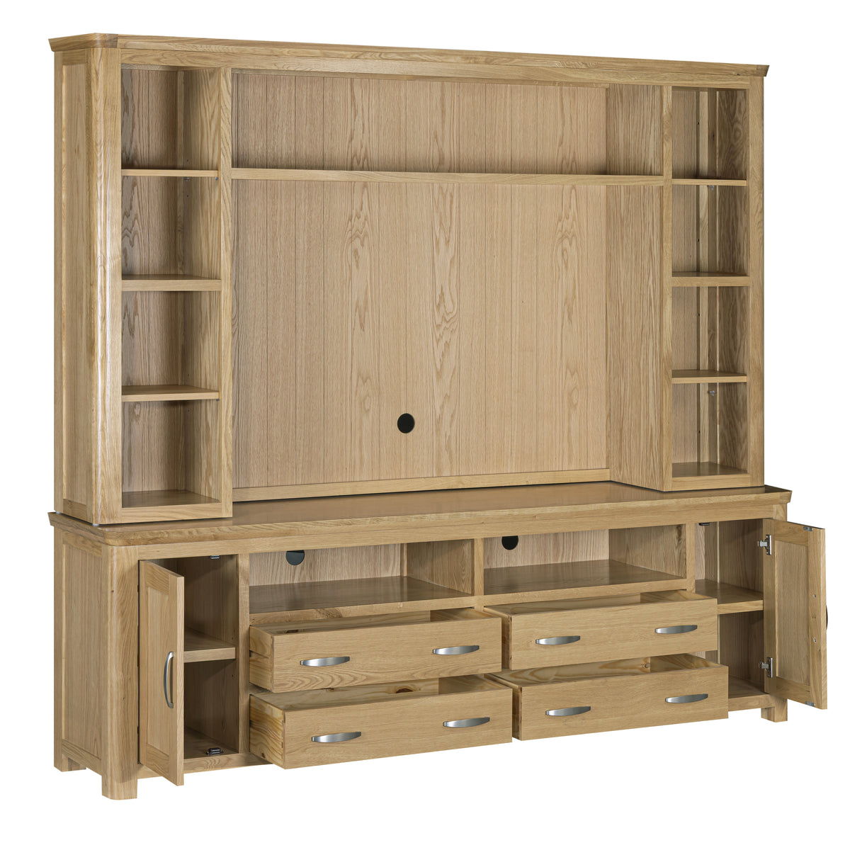 Treviso Oak Media Centre - Base and Top, complete unit open storage