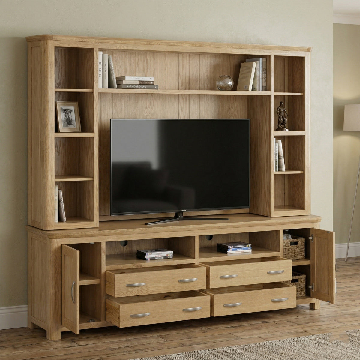 Treviso Oak Media Centre - Base and Top, complete unit room setting with storage open