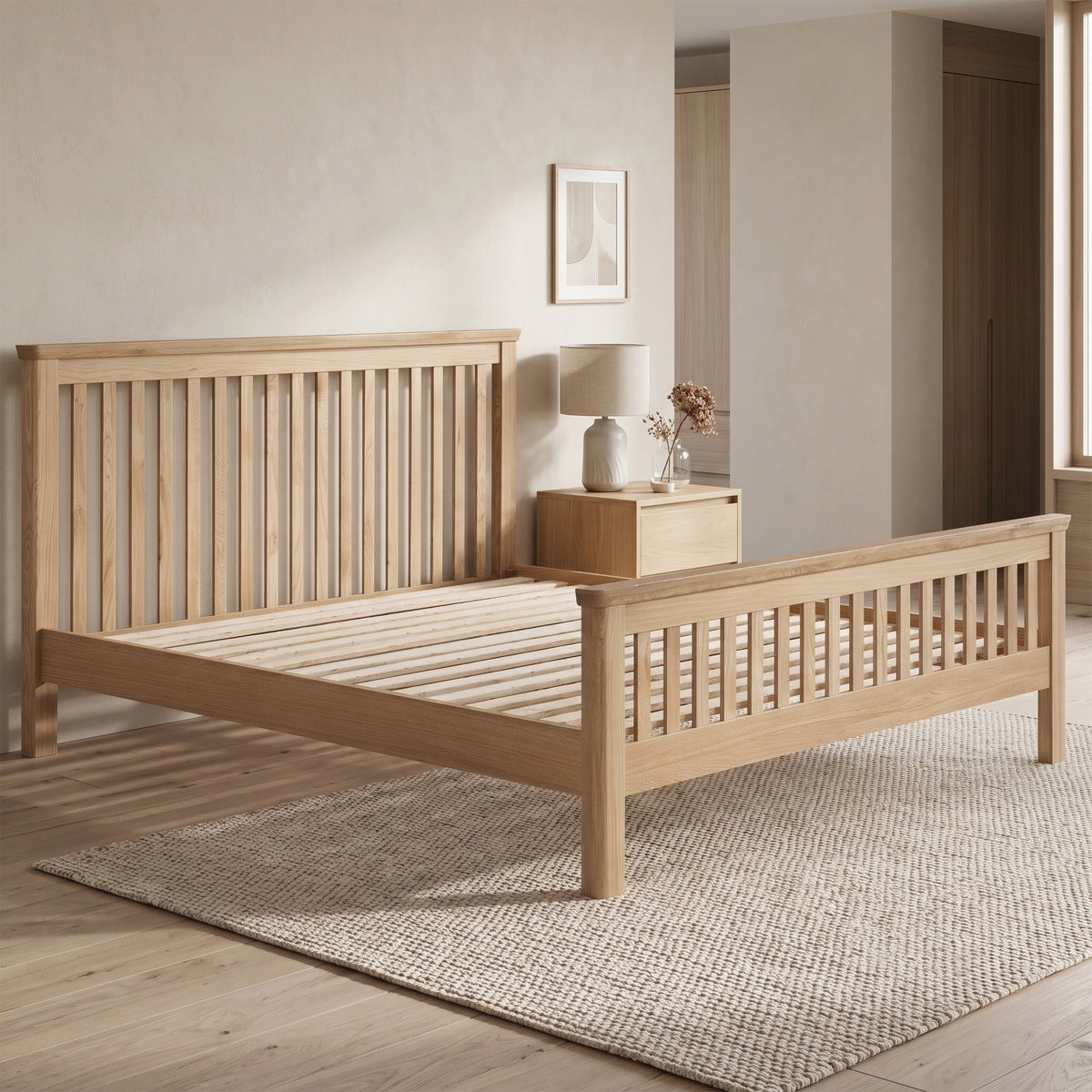 Treviso Oak Super King bed frame with wooden slats in a bedroom