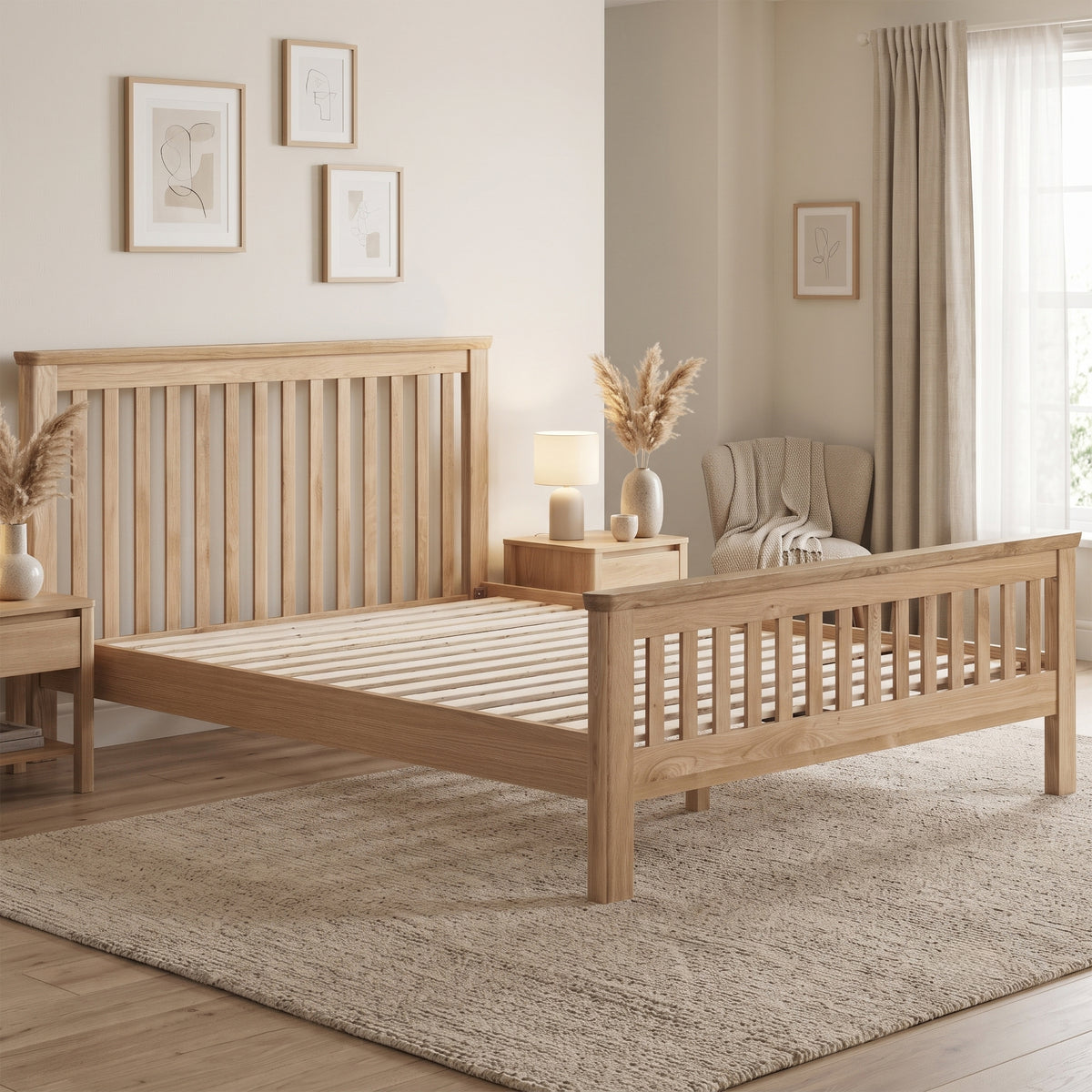 Treviso Oak King bed frame with wooden slats in a bedroom
