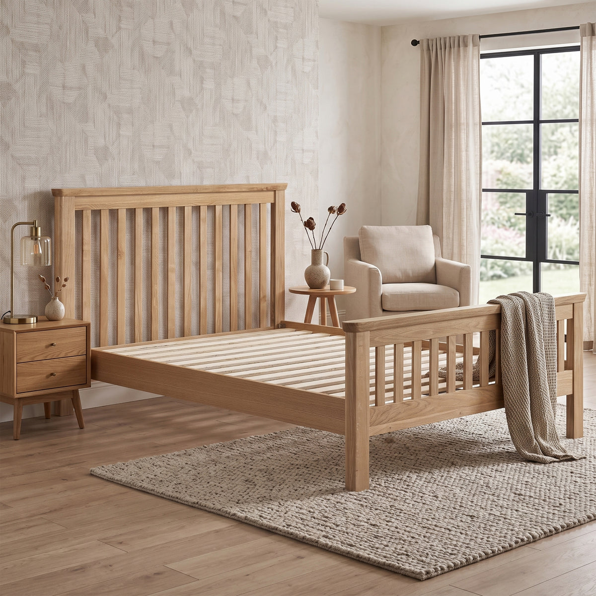Treviso Oak Double bed frame with wooden slats in a bedroom