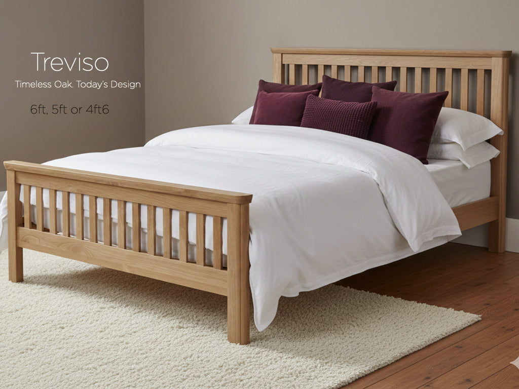 Treviso Oak bed with high headboard and matching footboard