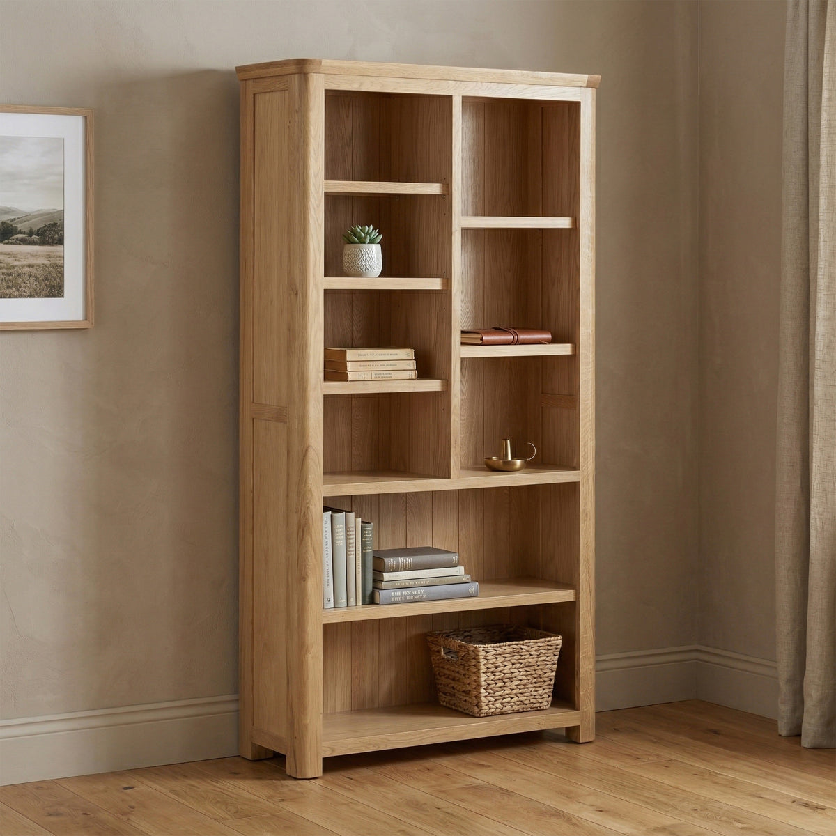 Treviso Oak High Bookcase, angled room setting