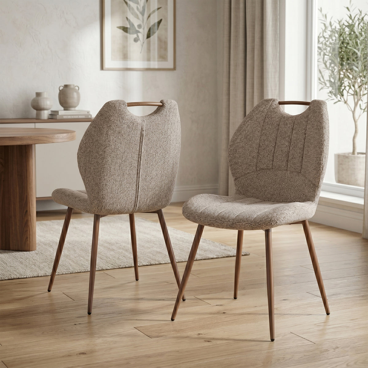 Turin Walnut Mocha fabric dining matching chair pair in a room setting