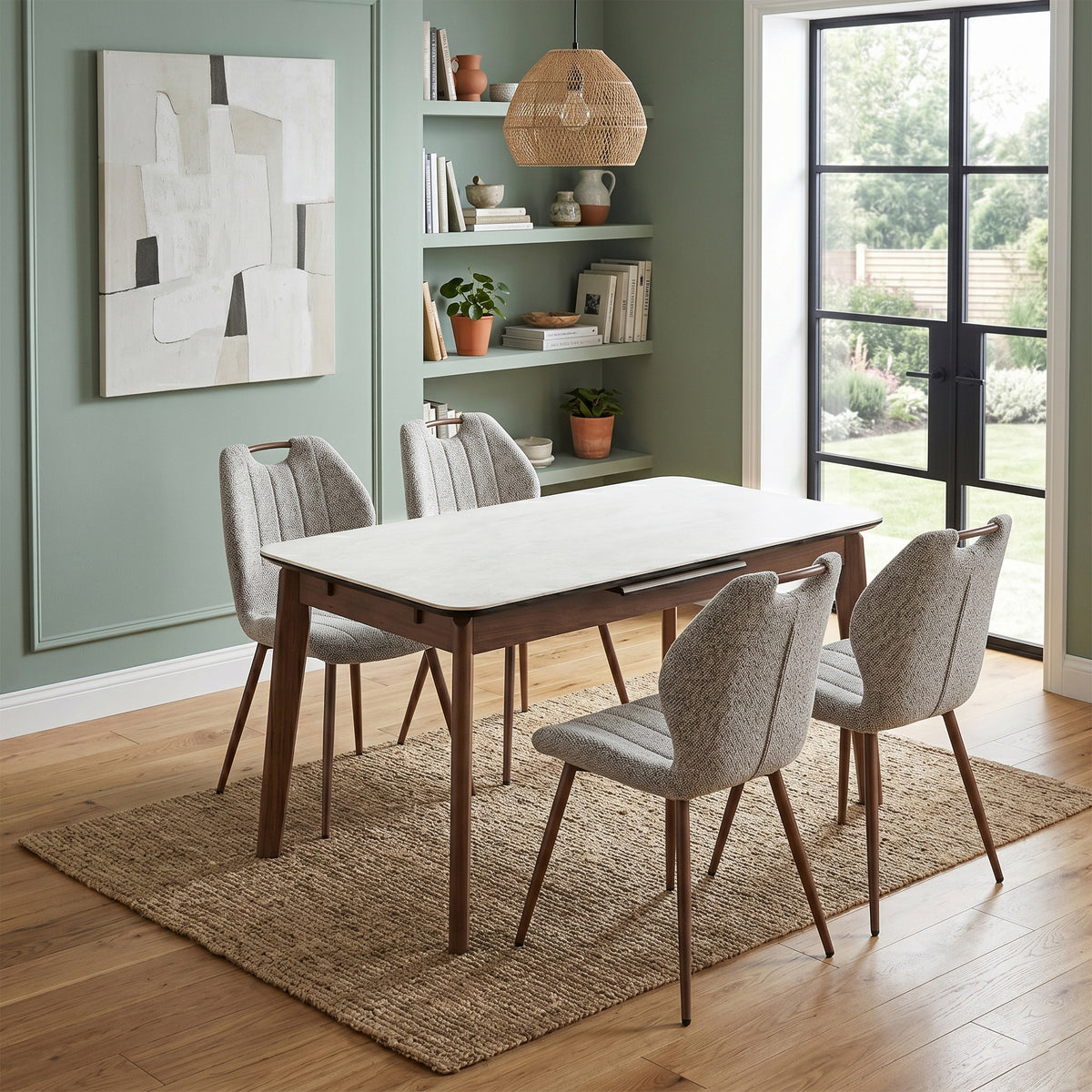 Turin Walnut Latte fabric dining chairs with a dining table in a green room