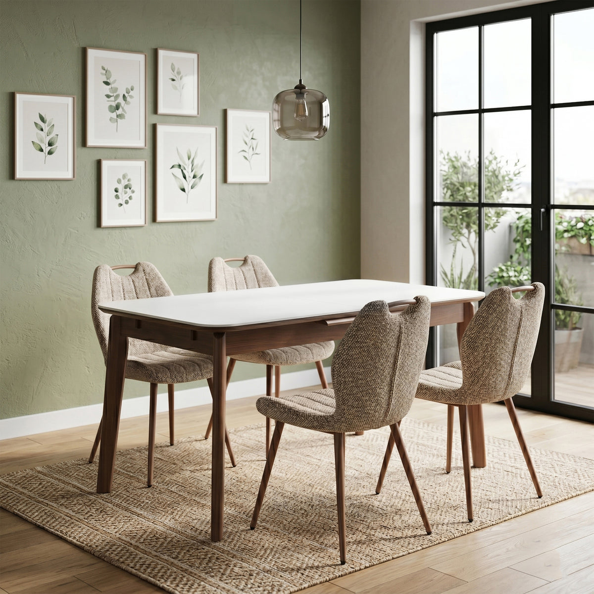 Turin Walnut Mocha fabric dining chairs around a dining table