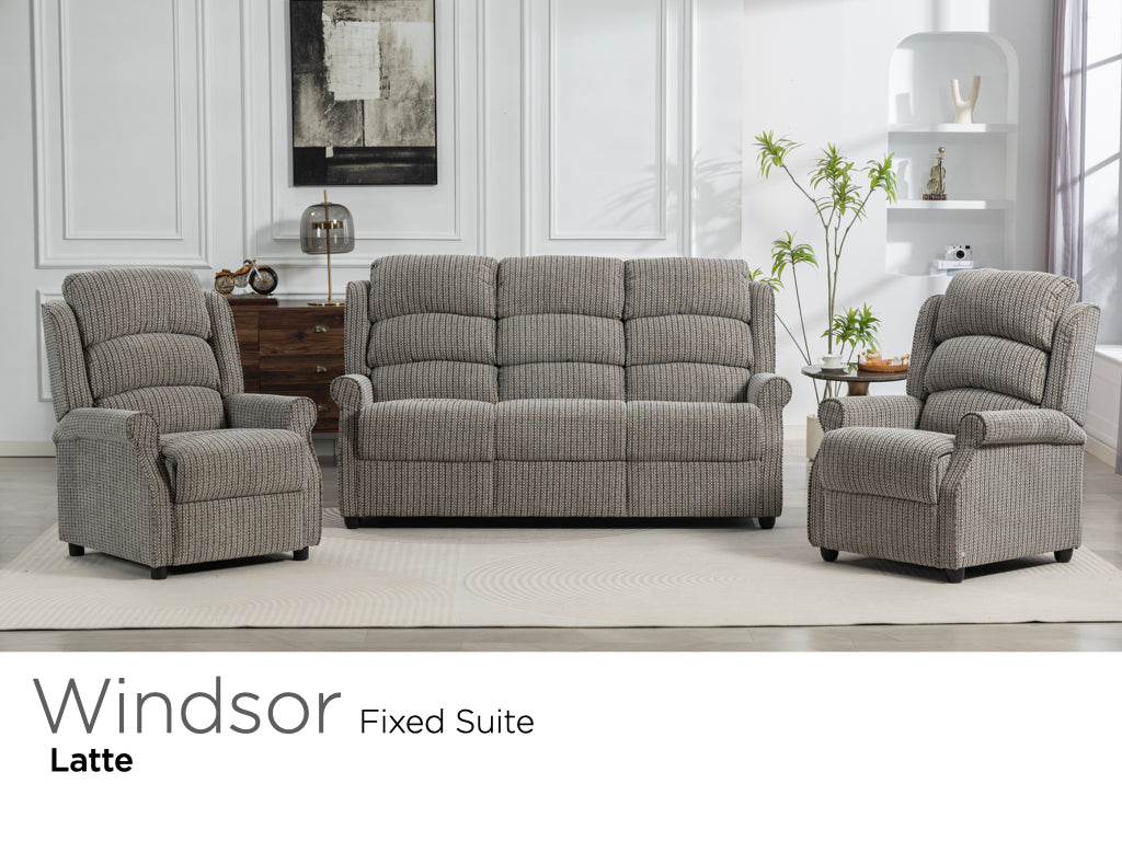 Windsor fixed fabric three-seater sofa and two armchairs in Latte