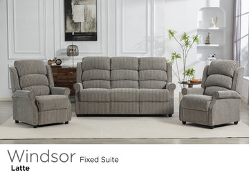 Windsor fixed fabric three-seater sofa and two armchairs in Latte