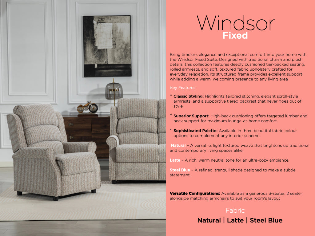 Windsor fixed fabric range features graphic in Natural, Latte and Steel Blue