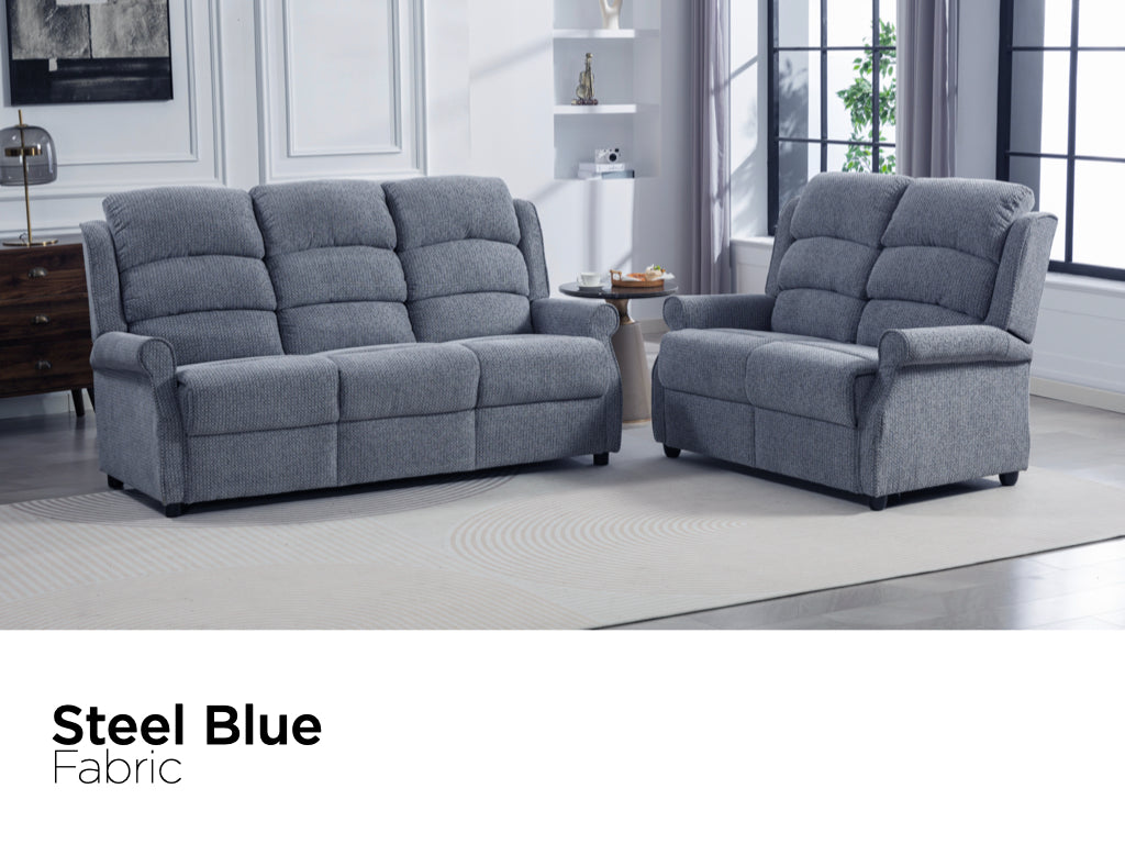 Windsor fixed fabric three-seater and two-seater sofas in Steel Blue