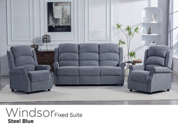 Windsor fixed fabric three-seater sofa and two armchairs in Steel Blue