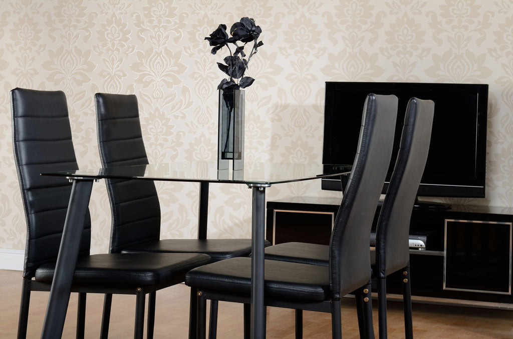 Abbey Dining Set Clear Glass/Black/Black Faux Leather- The Right Buy Store