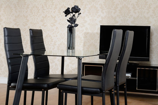 Abbey Dining Set - Clear Glass/Black/Black Faux Leather