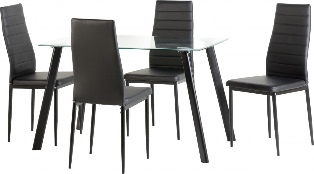 Abbey Dining Set Clear Glass/Black/Black Faux Leather- The Right Buy Store