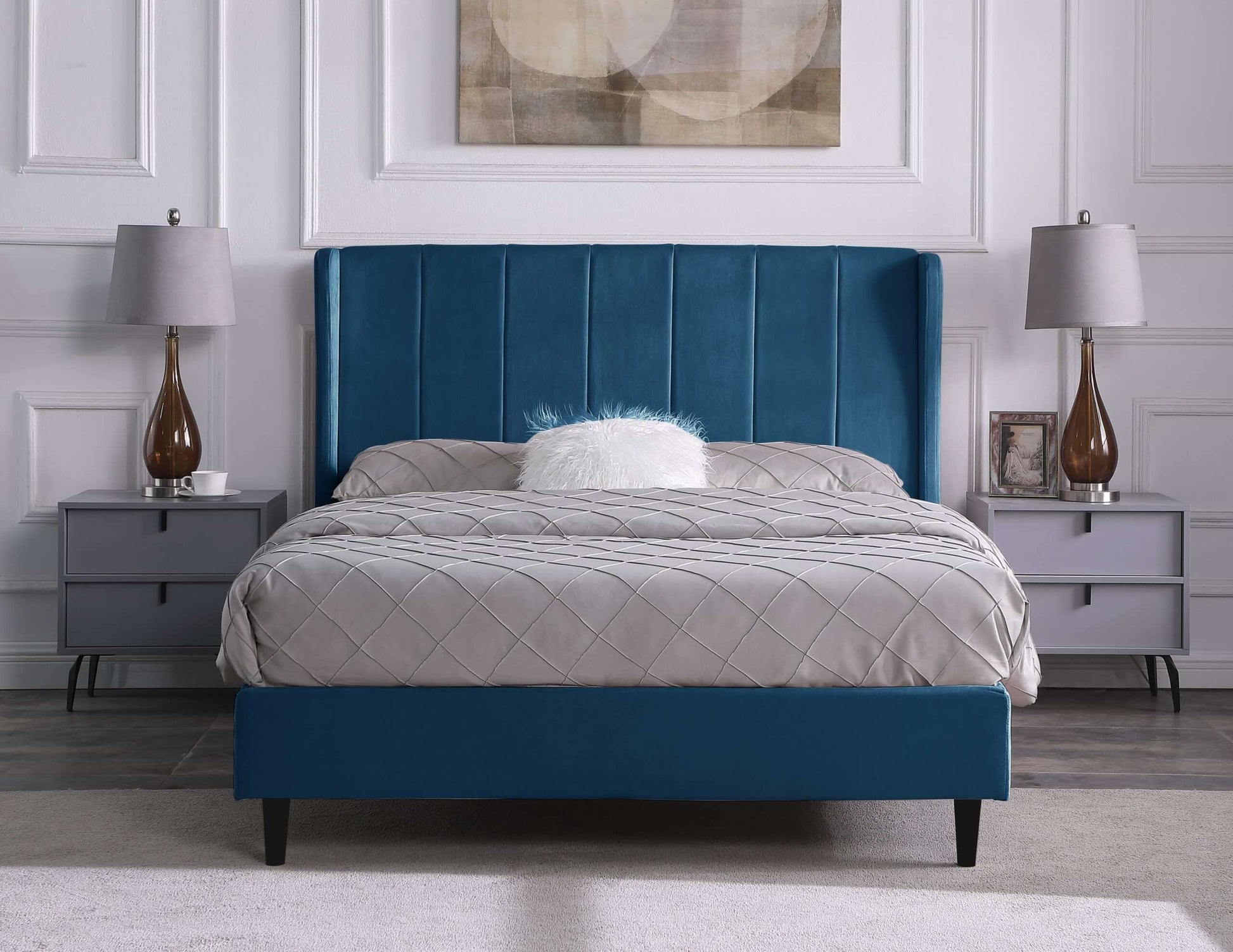Amelia 4'6" Double Bed Blue Velvet Fabric- The Right Buy Store