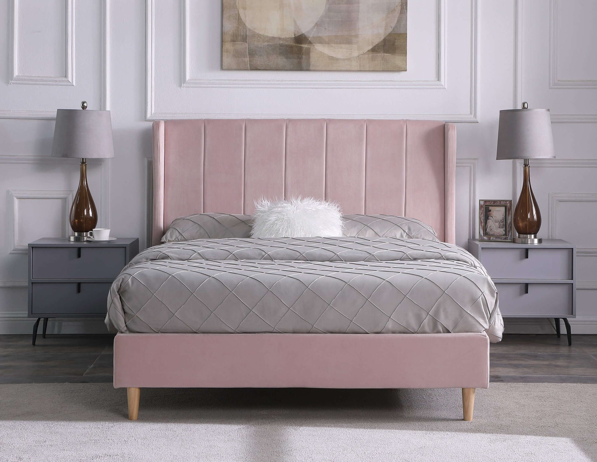 Amelia 4'6" Double Bed Pink Velvet Fabric- The Right Buy Store