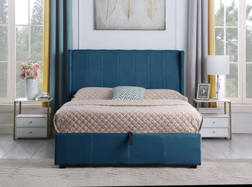 Amelia Plus 4'6" Storage Double Bed Blue Velvet Fabric- The Right Buy Store