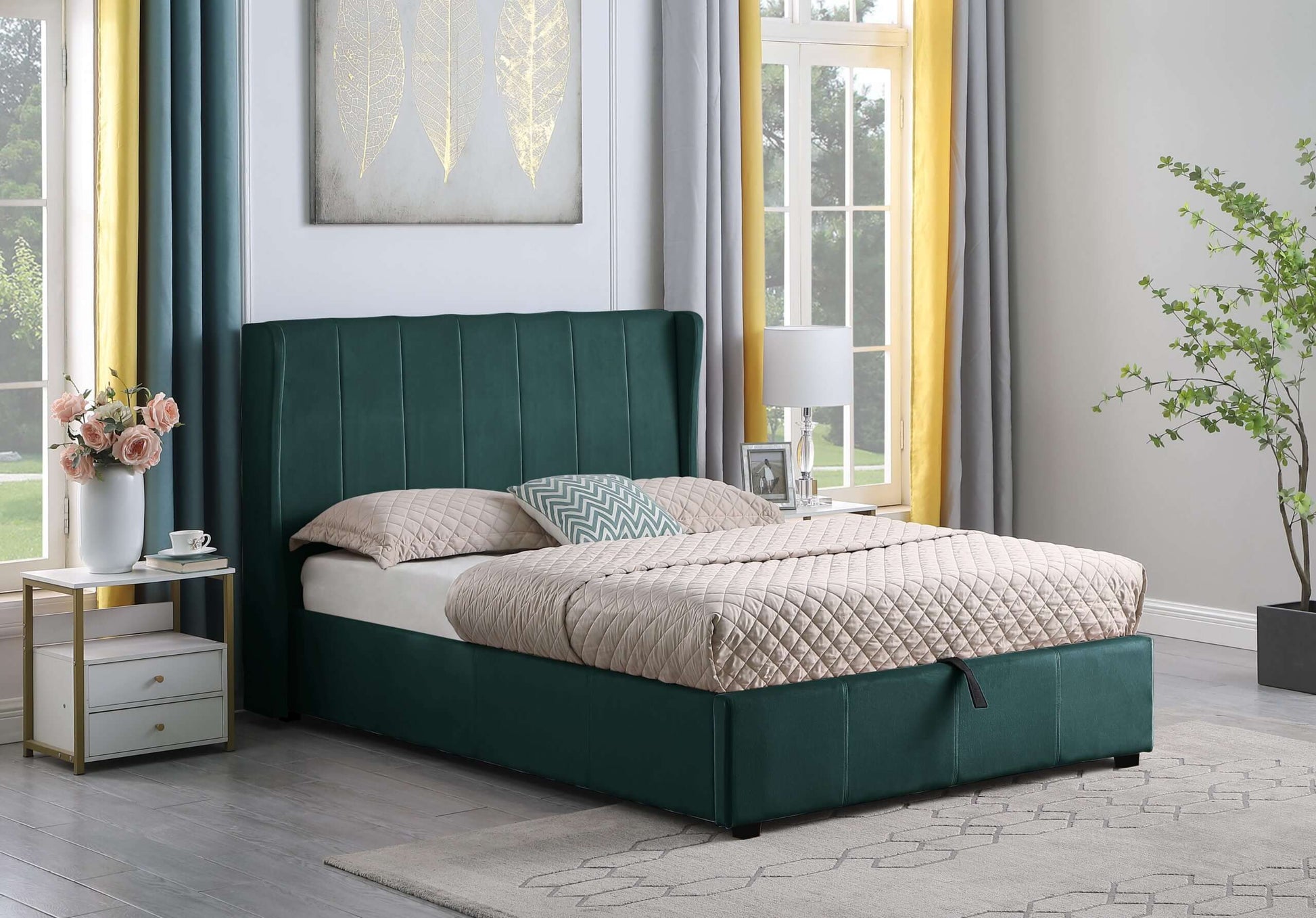Amelia Plus 4'6" Storage Bed Green Velvet Fabric- The Right Buy Store