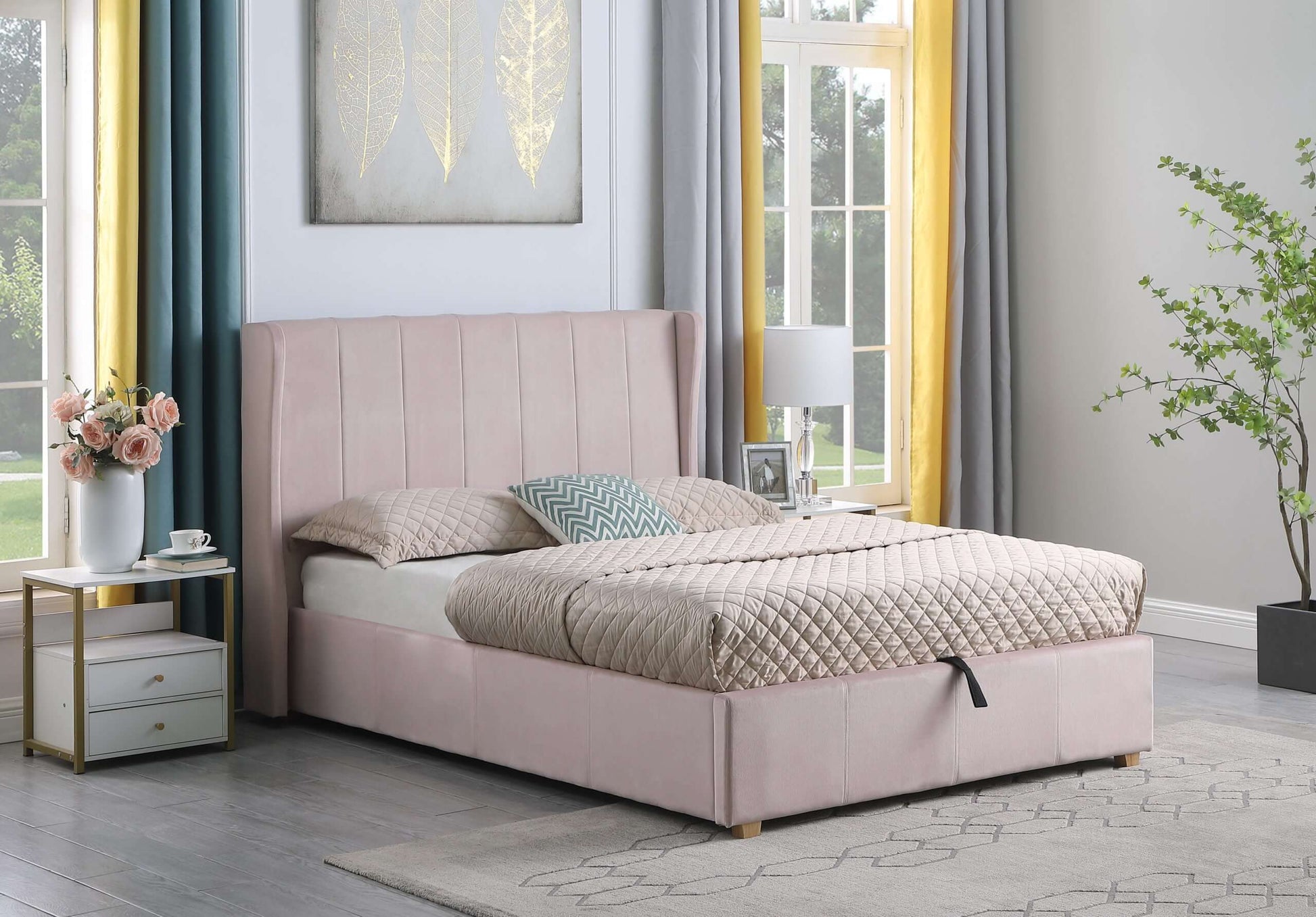 Amelia Plus 5' Storage Bed - Pink Velvet Fabric - The Right Buy Store