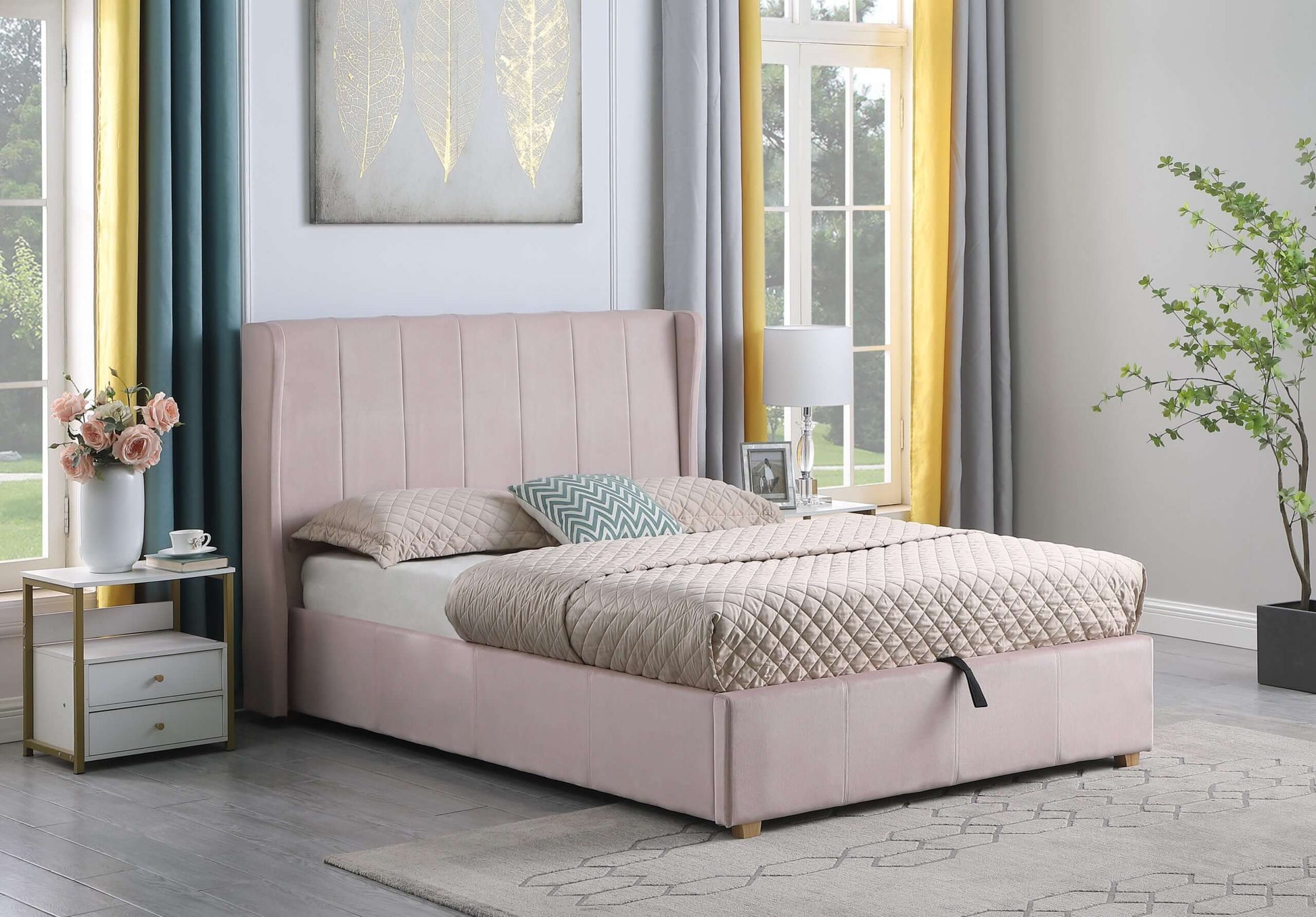 Amelia Plus 4'6" Storage Bed Pink Velvet Fabric- The Right Buy Store