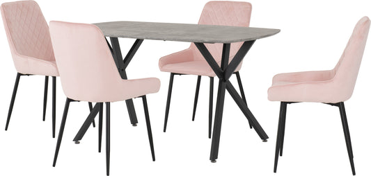 Athens Rectangular Dining Set with Avery Chairs - Concrete Effect/Black/Baby Pink Velvet