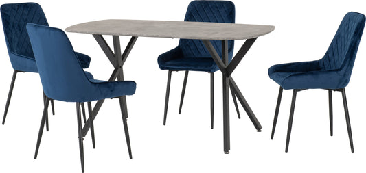 Athens Rectangular Dining Set with Avery Chairs - Concrete Effect/Black/Sapphire Blue Velvet