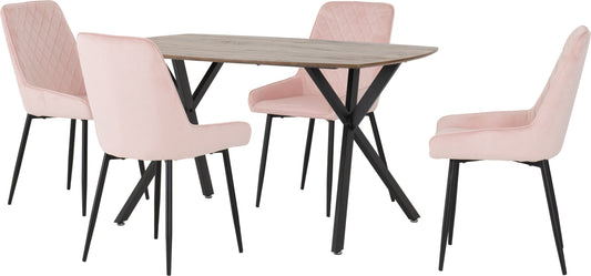 Athens Rectangular Dining Set with Avery Chairs - Medium Oak Effect/Black/Baby Pink Velvet