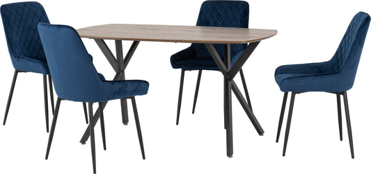 Athens Rectangular Dining Set with Avery Chairs- Medium Oak Effect/Black/Sapphire Blue Velvet