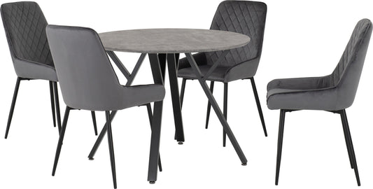 Athens Round Dining Set with Avery Chairs -Concrete Effect/Black/Grey Velvet