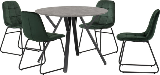 Athens Round Dining Set with Lukas Chairs - Concrete Effect/Black/Emerald Green Velvet