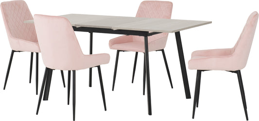 Avery Extending Dining Set with Avery Chairs- Concrete/Grey Oak Effect/Baby Pink Velvet- The Right Buy Store
