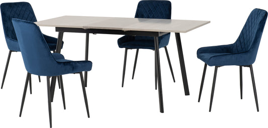 Avery Extending Dining Set with Avery Chairs- Concrete/Grey Oak Effect/Sapphire Blue Velvet