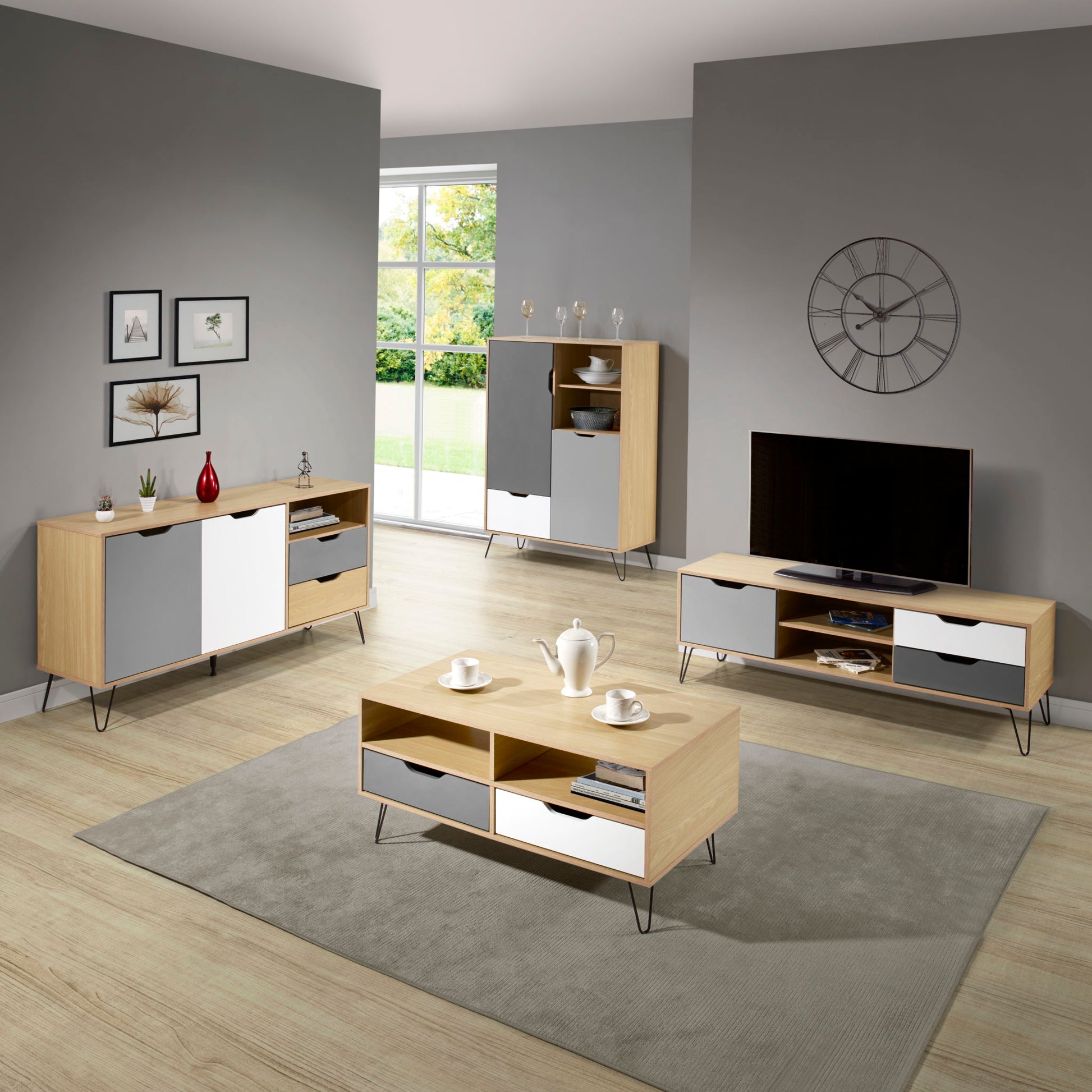 Bergen 2 Drawer Coffee Table- Oak Effect/White/Grey- The Right Buy Store