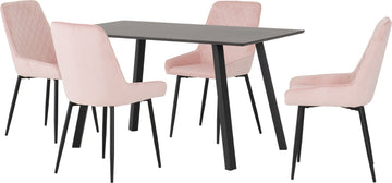 Berlin Dining Set with Avery Chairs - Black Wood Grain/Black/Baby Pink Velvet