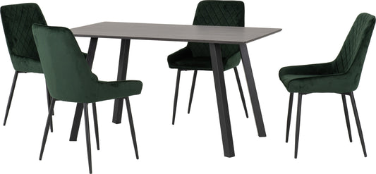 Berlin Dining Set with Avery Chairs - Black Wood Grain/Black/Emerald Green Velvet