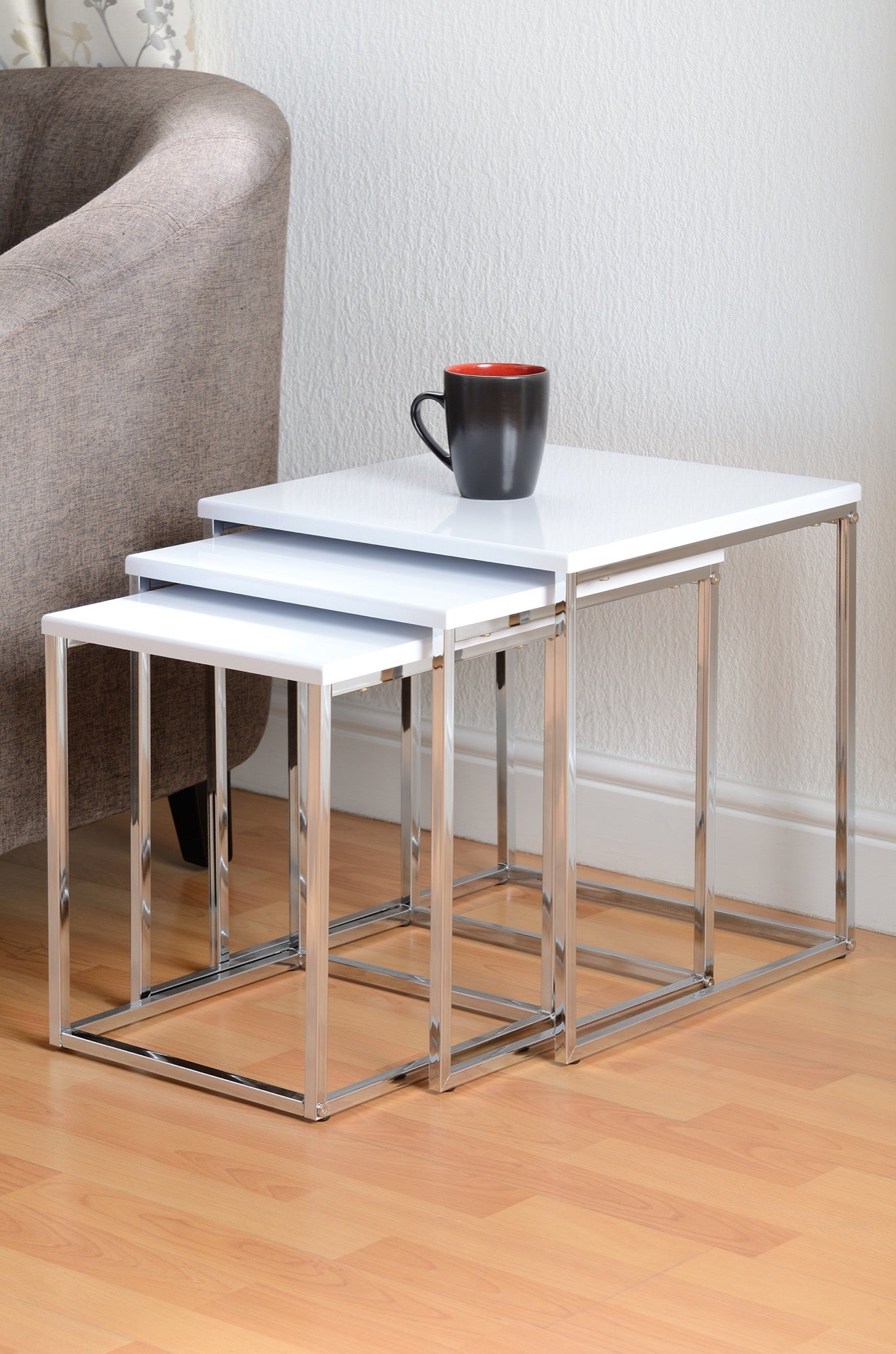 Charisma Nest Of Tables - White Gloss/Chrome - The Right Buy Store