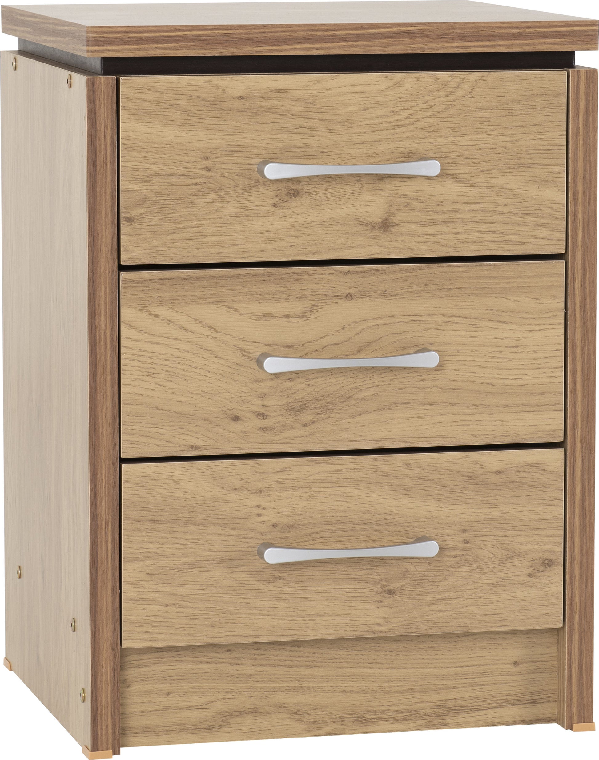 Charles 3 Drawer Bedside Chest- Oak Effect Veneer with Walnut Trim