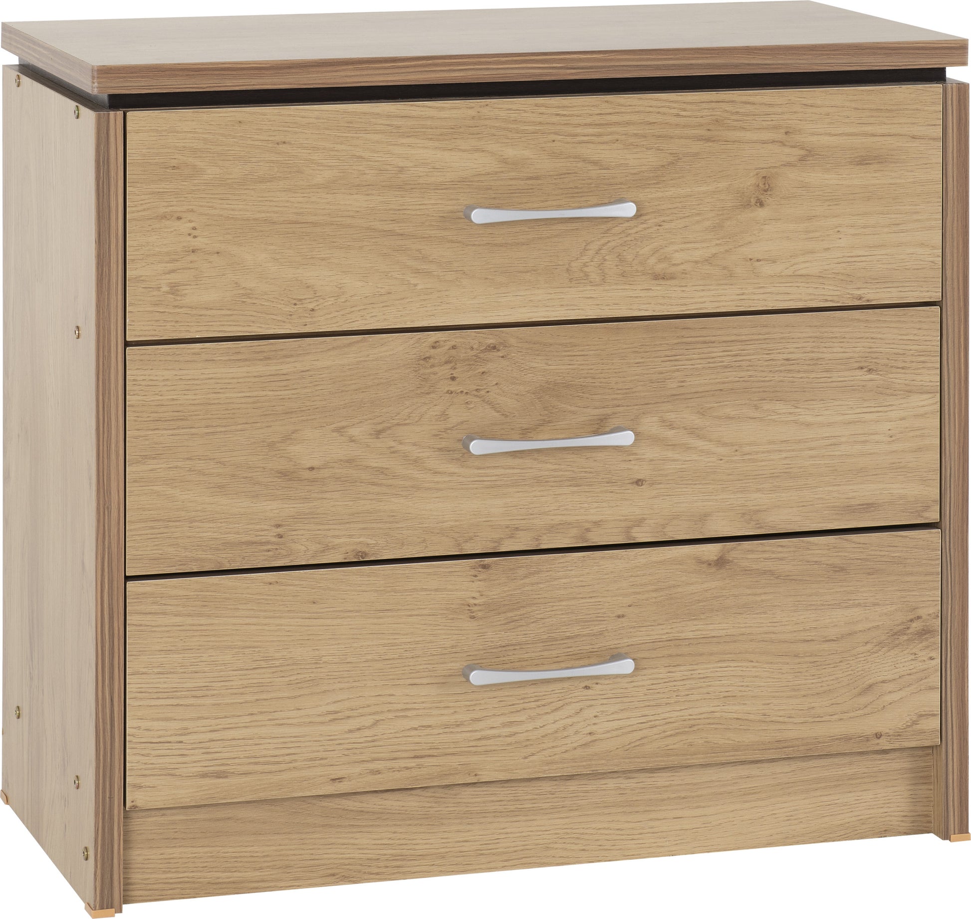 Charles 3 Drawer Chest - Oak Effect Veneer with Walnut Trim